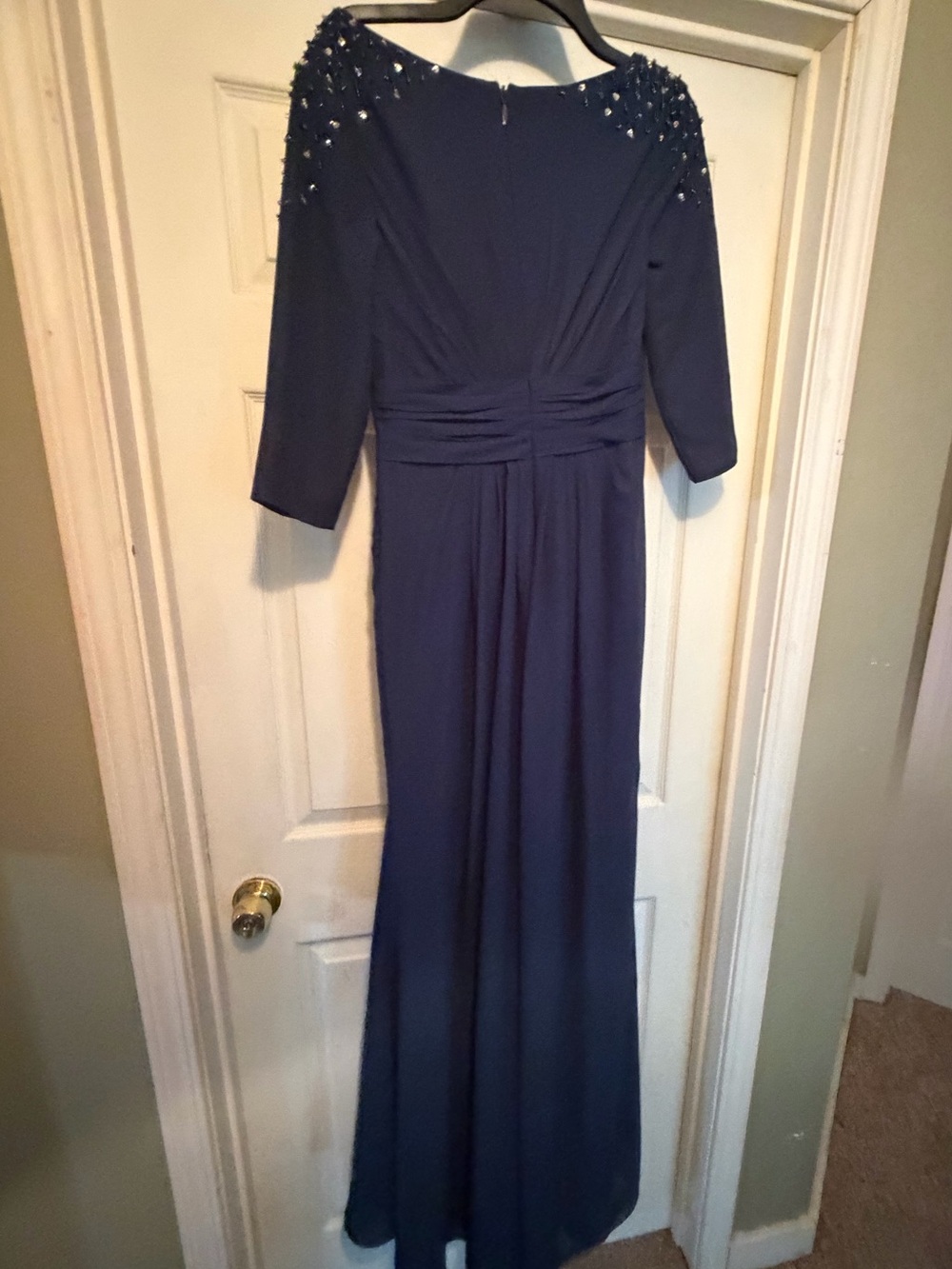 JJs House Navy Long Sleeve Evening Gown with Beaded Shoulders - Picture 6 of 8